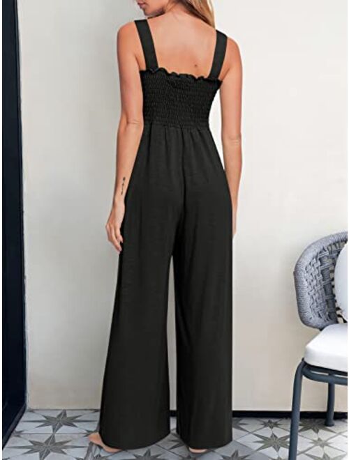 ANRABESS Women's Casual Loose Sleeveless Tank Jumpsuits Square Collar Smocked Wide Leg Jumpsuit Rompers with Pockets