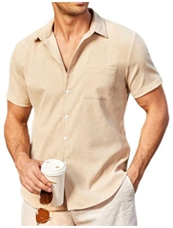Mens Short Sleeve Corduroy Shirt Casual Button Down Shirts Summer Beach Shirt