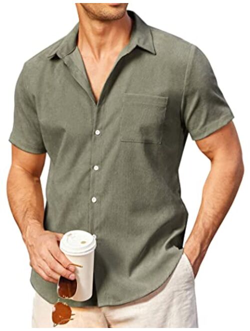 COOFANDY Mens Short Sleeve Corduroy Shirt Casual Button Down Shirts Summer Beach Shirt