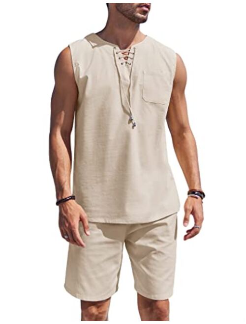 COOFANDY Mens Linen Sets Outfits 2 Piece Beach Drawstring Tank Tops Sleeveless Shirt Matching Shorts Set