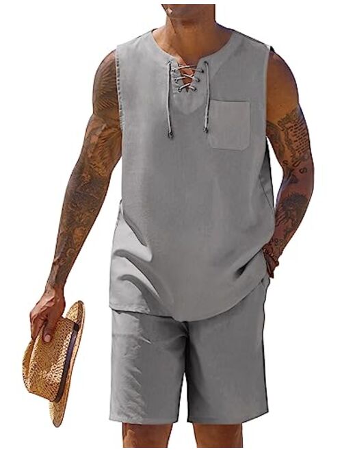 COOFANDY Mens Linen Sets Outfits 2 Piece Beach Drawstring Tank Tops Sleeveless Shirt Matching Shorts Set