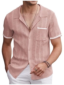 Men's Short Sleeve Knit Shirts Vintage Button Down Polo Shirt Casual Beach Tops
