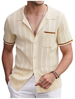Men's Short Sleeve Knit Shirts Vintage Button Down Polo Shirt Casual Beach Tops
