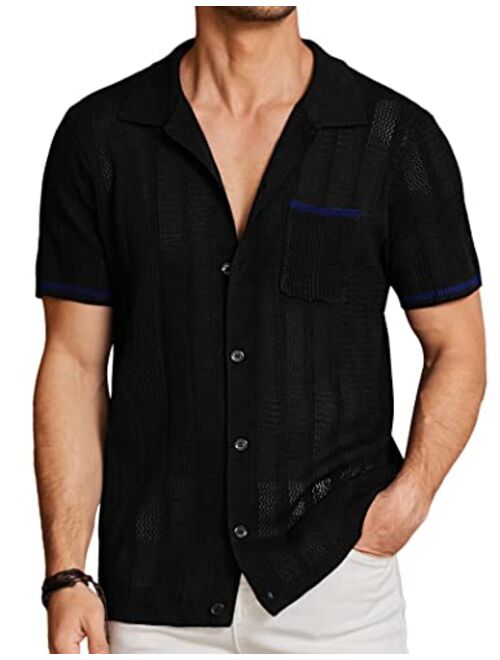COOFANDY Men's Short Sleeve Knit Shirts Vintage Button Down Polo Shirt Casual Beach Tops