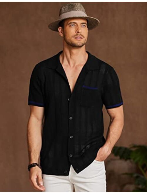 COOFANDY Men's Short Sleeve Knit Shirts Vintage Button Down Polo Shirt Casual Beach Tops