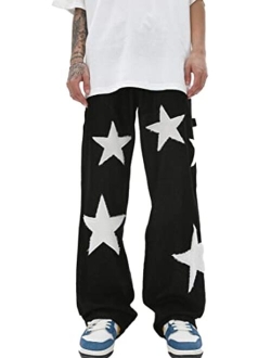 Mens Graphic Print Y2K Streetwear Fashion Jeans Baggy Straight Fit Wide Leg Pants Casual Denim Trousers