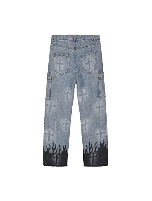 Aelfric Eden Mens Graphic Print Y2K Streetwear Fashion Jeans Baggy Straight Fit Wide Leg Pants Casual Denim Trousers