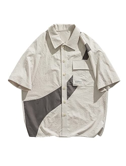 Men's Vintage Button-Down Patchwork Shirt Unisex Hawaiian Casual Short-Sleeve