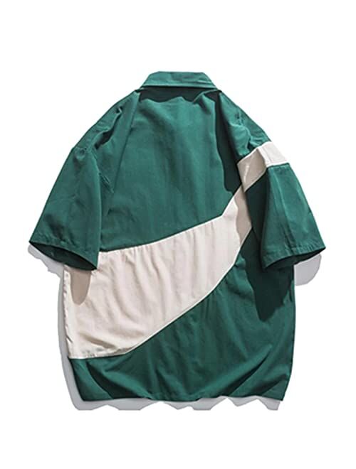 Aelfric Eden Men's Vintage Button-Down Patchwork Shirt Unisex Hawaiian Casual Short-Sleeve