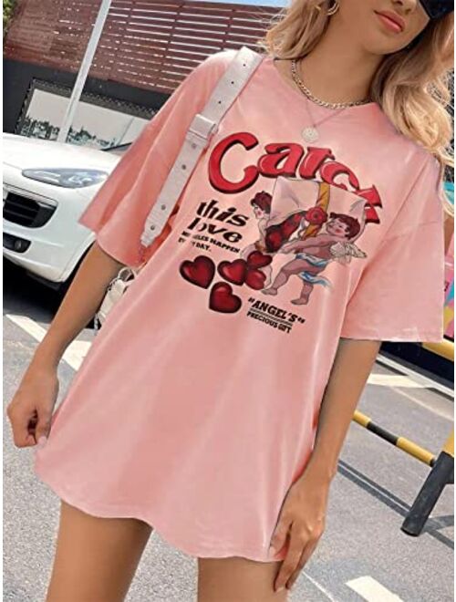 Aelfric Eden Womens Pink Graphic Heart Print Shirt Love Angel Cartoon Casual Tee