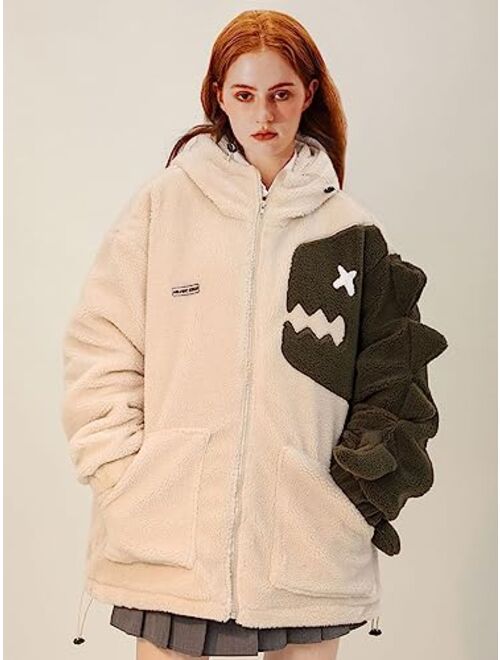 Aelfric Eden Women's Vintage Fleece Oversize Hooded Sweatshirt Unisex Casual Sherpa Jackets Streetwear Warm Fuzzy Coat