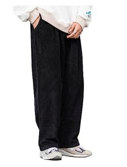 Mens Corduroy Vintage Cargo Sweatpants Long Solid Elastic Waist Casual Pants Hip hop Streetwear Pant