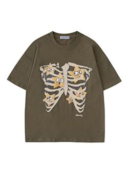 Men's Oversized Streetwear Skeleton Shirt Vintage Skull Graphic Tees Halloween Unisex Tshirt Pullover Casual Top