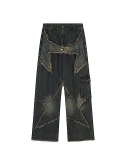 Womens Star Jeans Y2K Unisex Streetwear Fashion Jeans Straight Fit Baggy Wide Leg Pants Causal Trousers