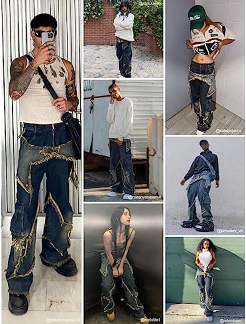 Aelfric Eden Womens Star Jeans Y2K Unisex Streetwear Fashion Jeans Straight Fit Baggy Wide Leg Pants Causal Trousers