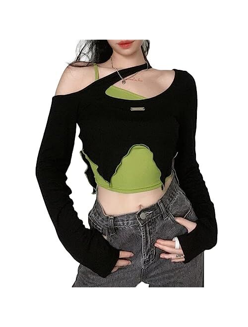 Aelfric Eden Women's Crop Tops Irregular Color Contrast Two-Piece Suit Strapless y2k Tee Shirts