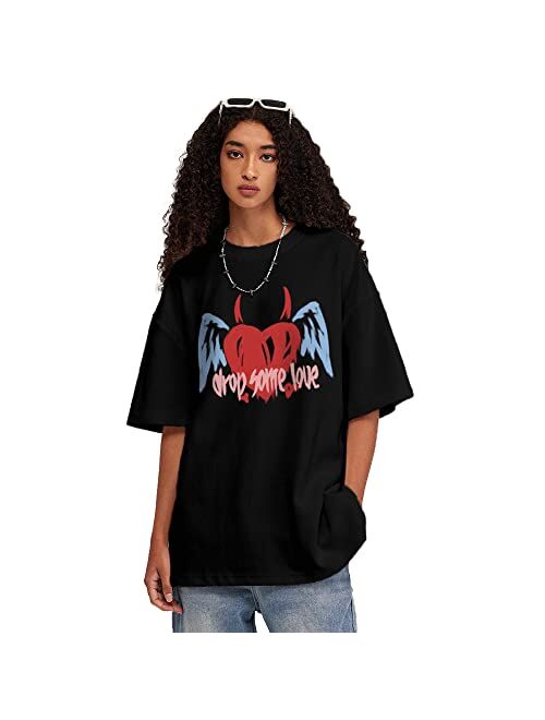Aelfric Eden Graphic Tees for Women Heart Angel Cartoon Print Y2k Tops Casual Oversized T Shirt Unisex