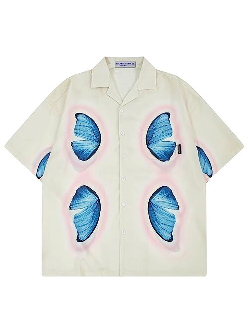 Aelfric Eden Mens Short Sleeve Button Down Shirts Oversized Heart Graphic Printed Tees Unisex Summer Streetwear Tops