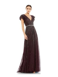 Women's Sequined Wrap Over Ruffled Cap Sleeve Gown