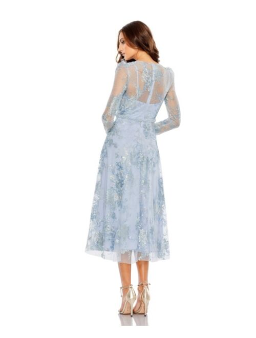 MAC DUGGAL Women's Embellished Illusion Long Sleeve Midi Dress