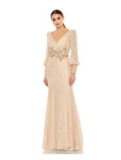 Women's Lace Long Sleeve V Neck Embellished Gown