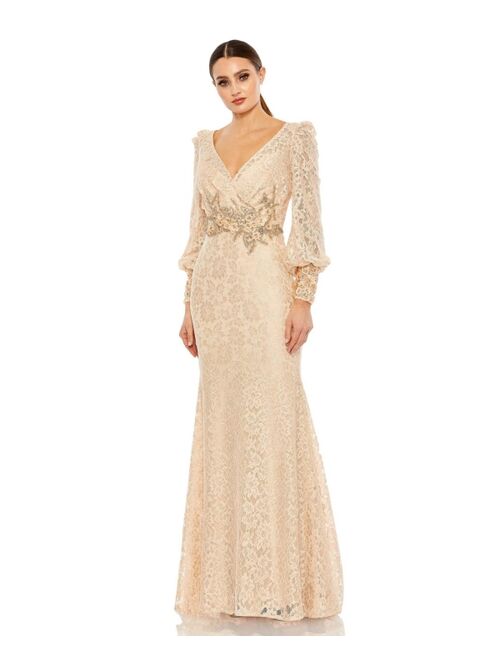 MAC DUGGAL Women's Lace Long Sleeve V Neck Embellished Gown