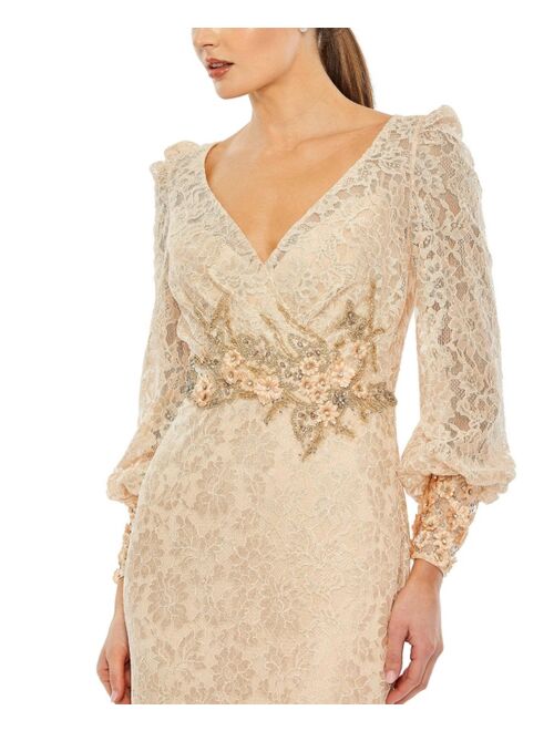 MAC DUGGAL Women's Lace Long Sleeve V Neck Embellished Gown