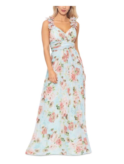 Betsy & Adam Women's Floral-Print Ruffled Lace-Up Gown