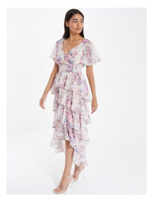 QUIZ Women's Floral Chiffon Tiered High-Low Dress