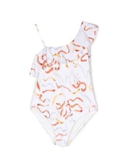 Chloe Kids asymmetric ribbon-print ruffled swimsuit