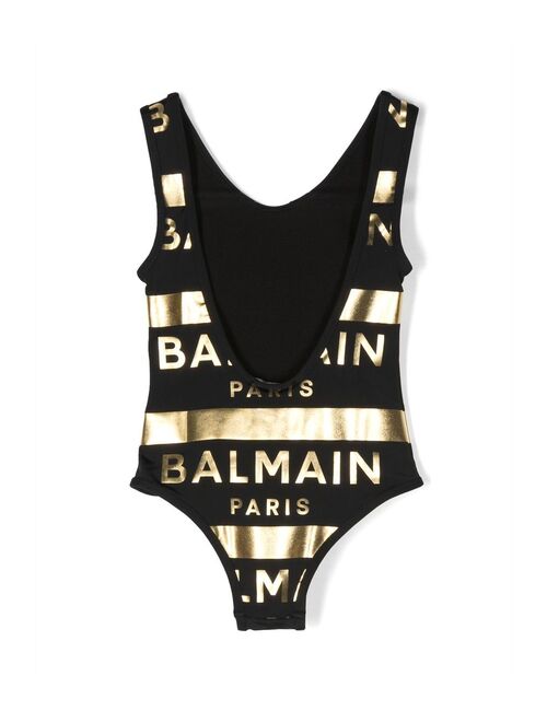 Balmain Kids metallic logo-print swimsuit