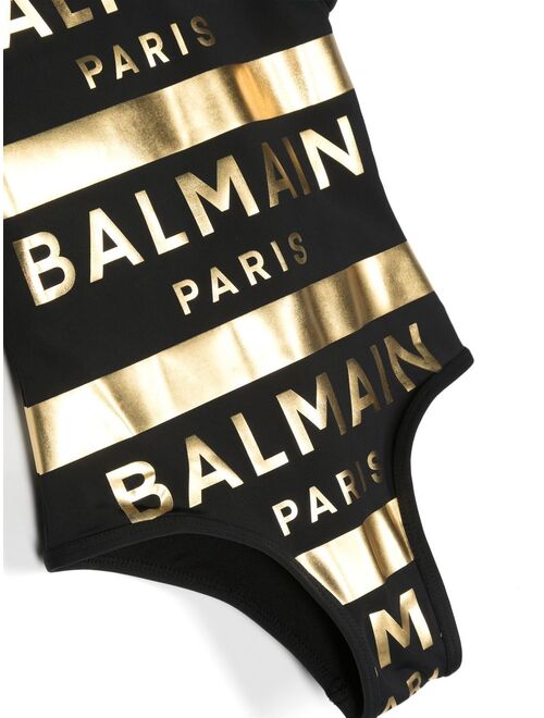 Balmain Kids metallic logo-print swimsuit