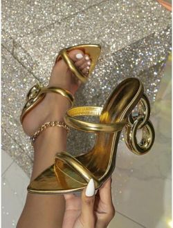 NEWCHARMINGGIRL Shoes Glamorous Gold Sandals For Women, Metallic Sculptural Heeled Mule Sandals