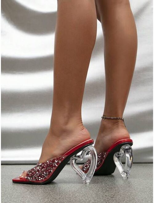 WUningnvxie Shoes Glamorous Sandals For Women, Rhinestone Decor Clear Sculptural Heeled Mule Sandals
