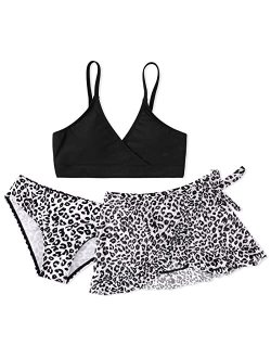 EFINNY Girls 3 Piece Swimsuit Bathing Suit Cute Floral Leopard Print Bikini Set with Skirt Kids Swimwear Size 8-12 Years