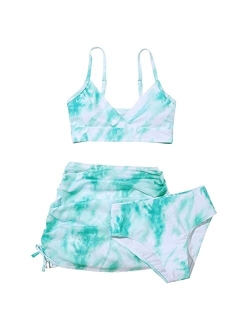 EFINNY Girls 3 Piece Swimsuit Bathing Suit Cute Floral Leopard Print Bikini Set with Skirt Kids Swimwear Size 8-12 Years