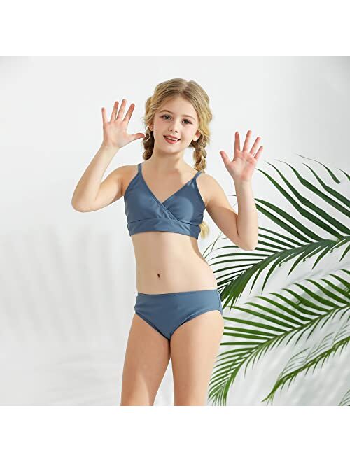 EFINNY Girls 3 Piece Swimsuit Bathing Suit Cute Floral Leopard Print Bikini Set with Skirt Kids Swimwear Size 8-12 Years