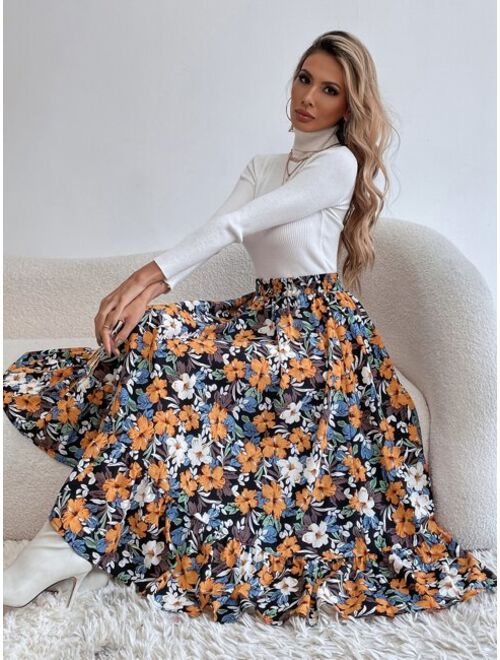 SHEIN VCAY Allover Floral Print Flare Skirt