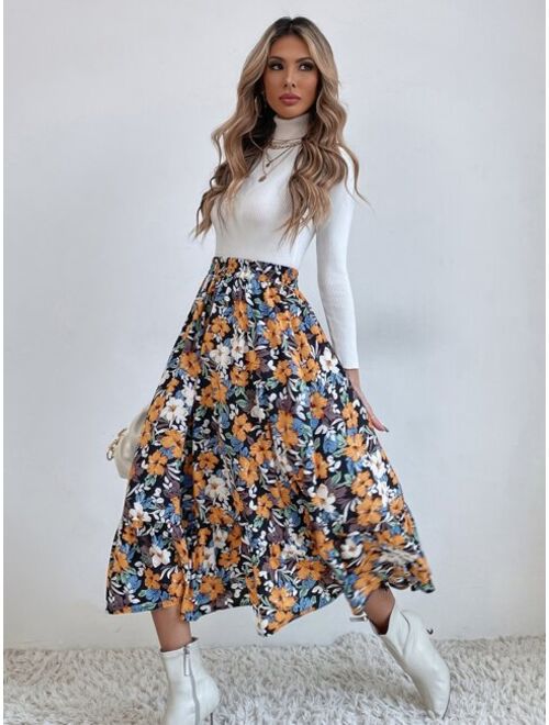 SHEIN VCAY Allover Floral Print Flare Skirt