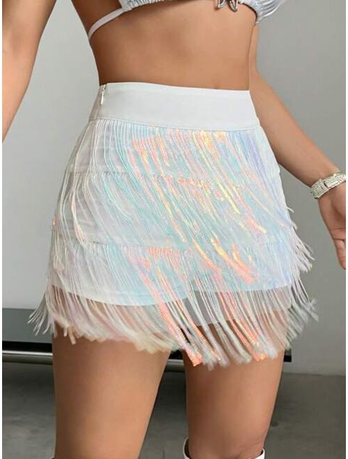 SHEIN ICON Fringe Trim Zip Side Skirt