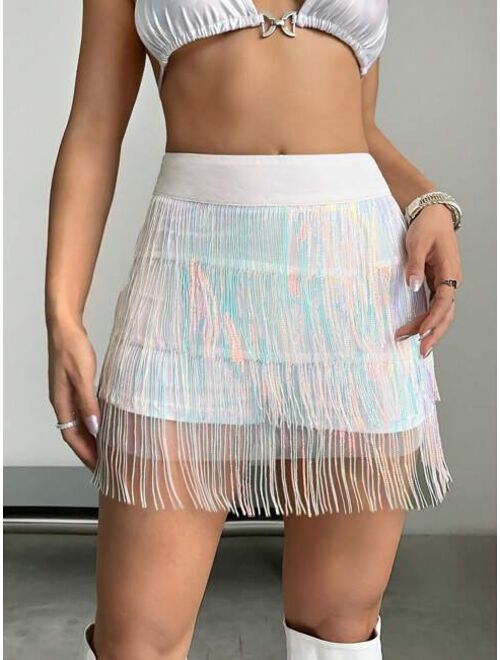 SHEIN ICON Fringe Trim Zip Side Skirt