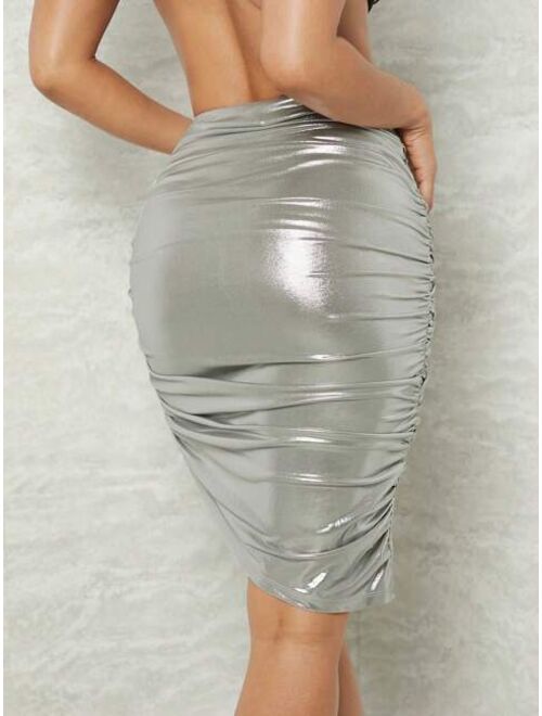 SHEIN X Asavvy Ruched Split Solid Skirt