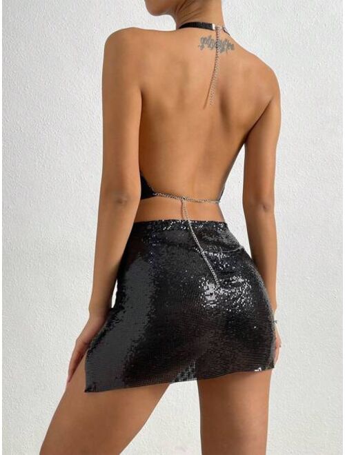 SHEIN BAE Lace Up Side Sequin Bodycon Skirt