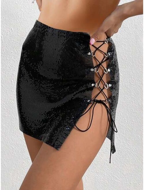 SHEIN BAE Lace Up Side Sequin Bodycon Skirt