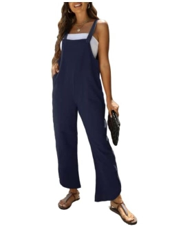 PUWEI Womens Cotton Linen Adjustable Bib Overalls Casual Wide Leg Baggy Jumpsuit with Pockets