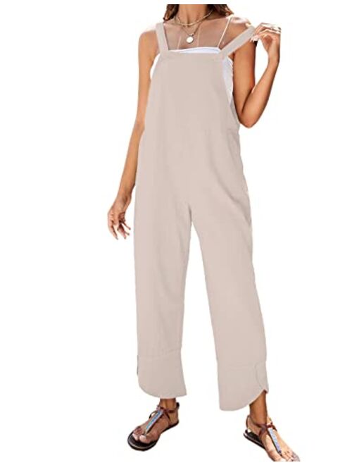PUWEI Womens Cotton Linen Adjustable Bib Overalls Casual Wide Leg Baggy Jumpsuit with Pockets