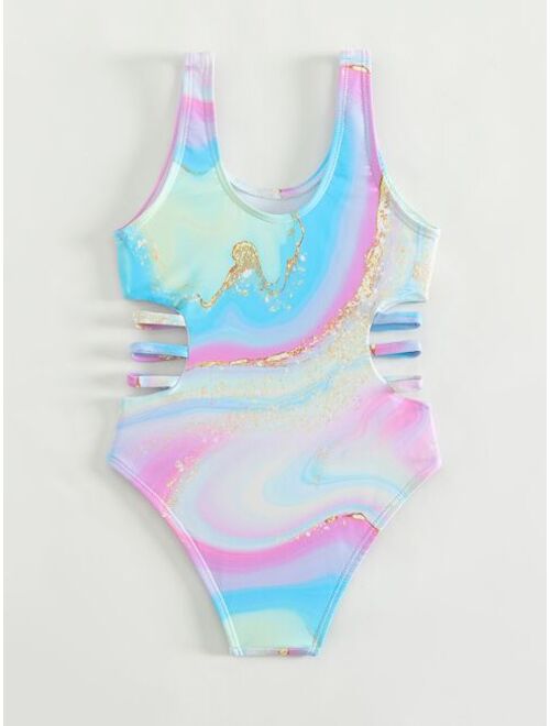 Toddler Girls Marble Print Ladder Cut out One Piece Swimsuit