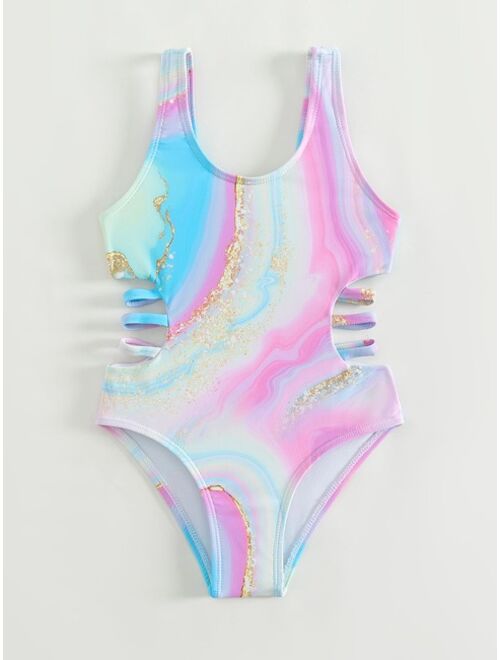 Toddler Girls Marble Print Ladder Cut out One Piece Swimsuit