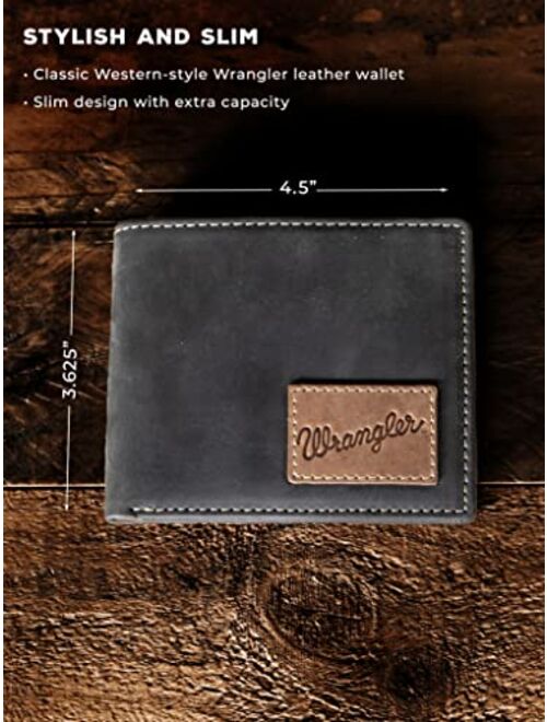 Wrangler Mens Bifold Slim RFID Blocking Wallet, Genuine Leather, Casual Everyday 10-20 Card Capacity with Stealth AirTag Holder