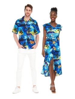 Hawaii Hangover Matchable Couple Hawaiian Luau Shirt or Wrap Ruffle Dress in Sunset Neon